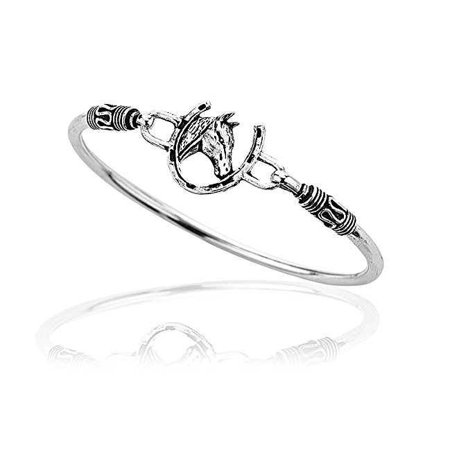 Sterling Silver Horse and Horseshoe Equestrian Wrap Bangle Bracelet